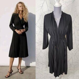 Zara Black Poplin Tie Neck Pleated Midi Long Sleeve Dress